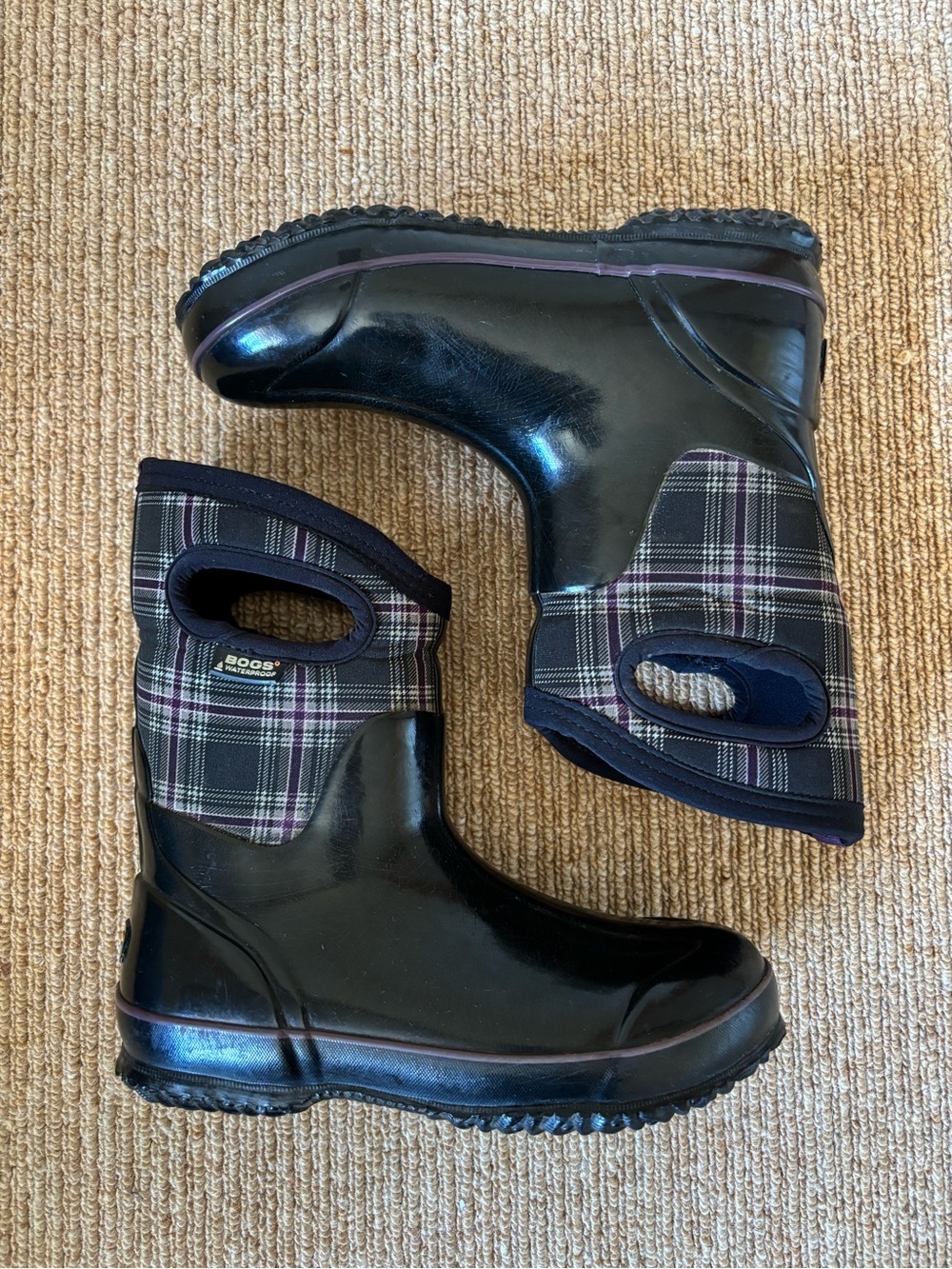 Bogs Black Plaid Pull-On Waterproof Rain Boots
